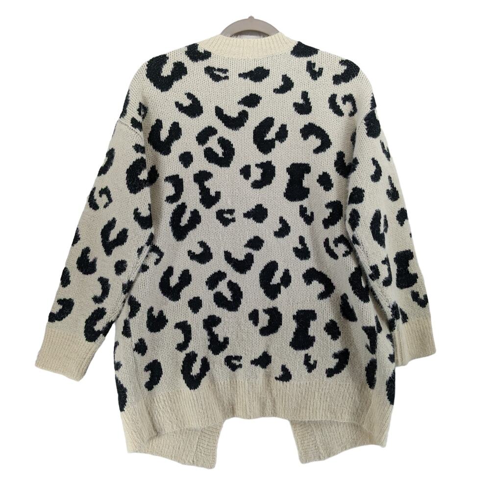 Dreamers Animal Print Cardigan Small Cream Black Open Front Leopard Knit Sweater - Picture 2 of 12